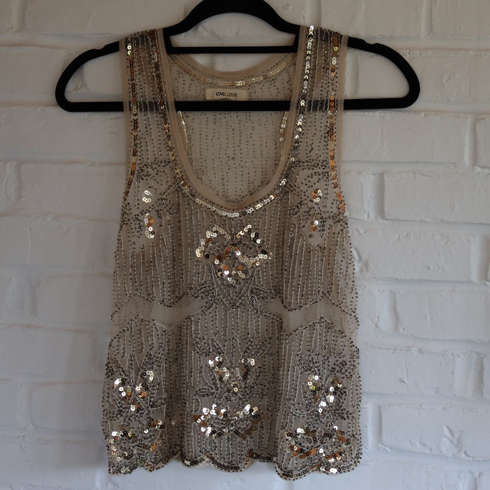 LOVE CULTURE SHEER GOLD SEQUIN TANK